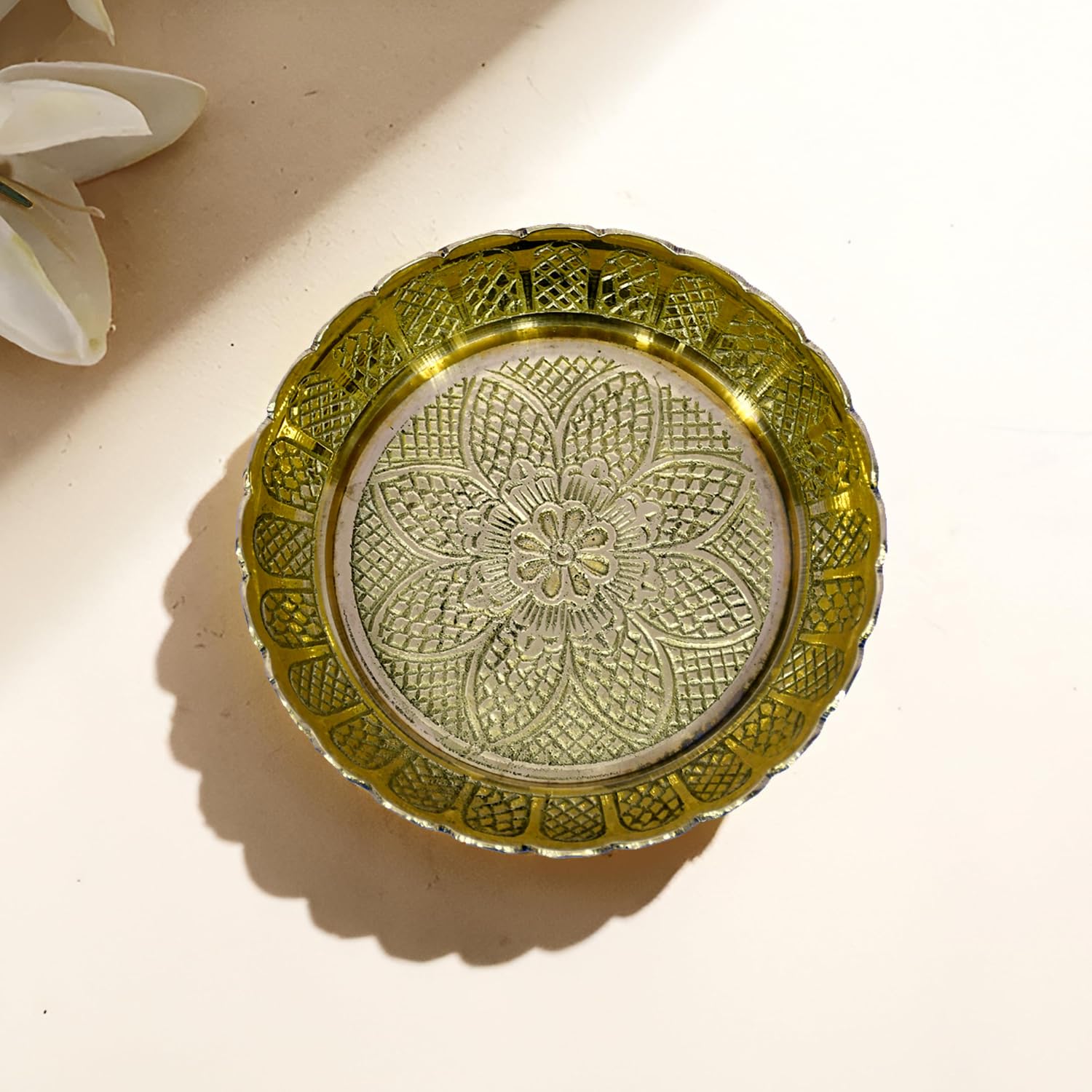 ESPLANADE Brass Plate for Puja Engraved, Set of 2 Bhog Thali Brass Items for Pooja & Kitchen, Prasadam Bowls for Pooja, Diwali Gift Items, Puja Essentials for Home Mandir