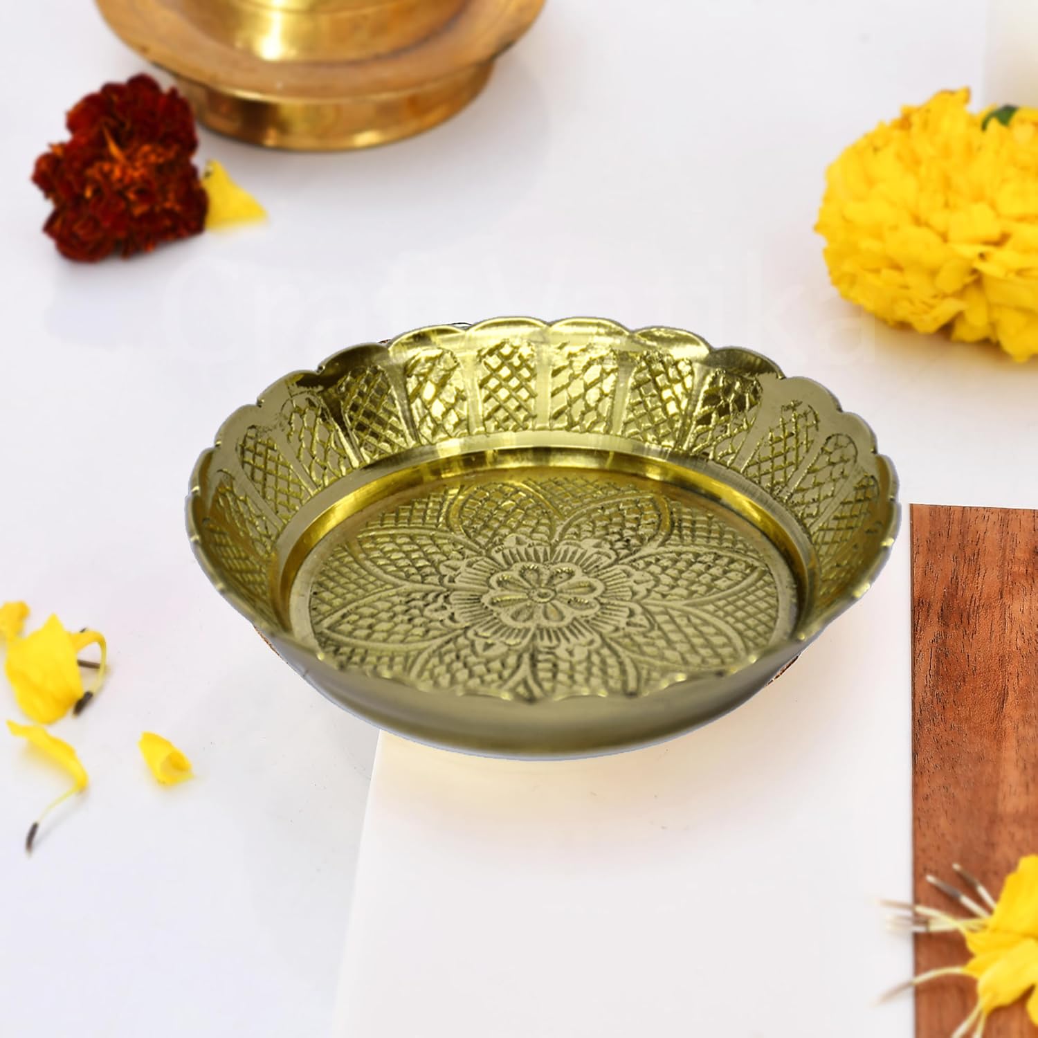 ESPLANADE Brass Plate for Puja Engraved, Set of 2 Bhog Thali Brass Items for Pooja & Kitchen, Prasadam Bowls for Pooja, Diwali Gift Items, Puja Essentials for Home Mandir