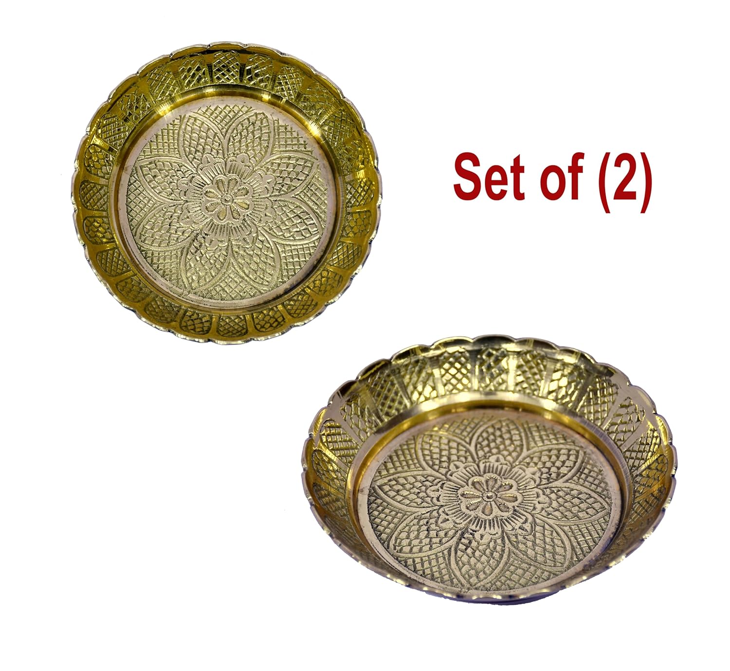 ESPLANADE Brass Plate for Puja Engraved, Set of 2 Bhog Thali Brass Items for Pooja & Kitchen, Prasadam Bowls for Pooja, Diwali Gift Items, Puja Essentials for Home Mandir