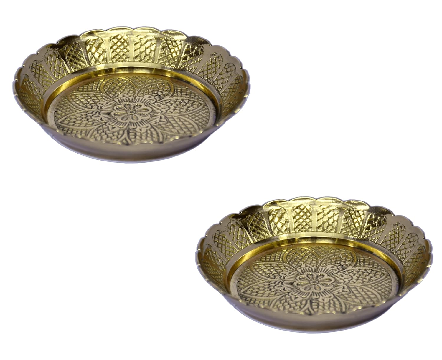 ESPLANADE Brass Plate for Puja Engraved, Set of 2 Bhog Thali Brass Items for Pooja & Kitchen, Prasadam Bowls for Pooja, Diwali Gift Items, Puja Essentials for Home Mandir