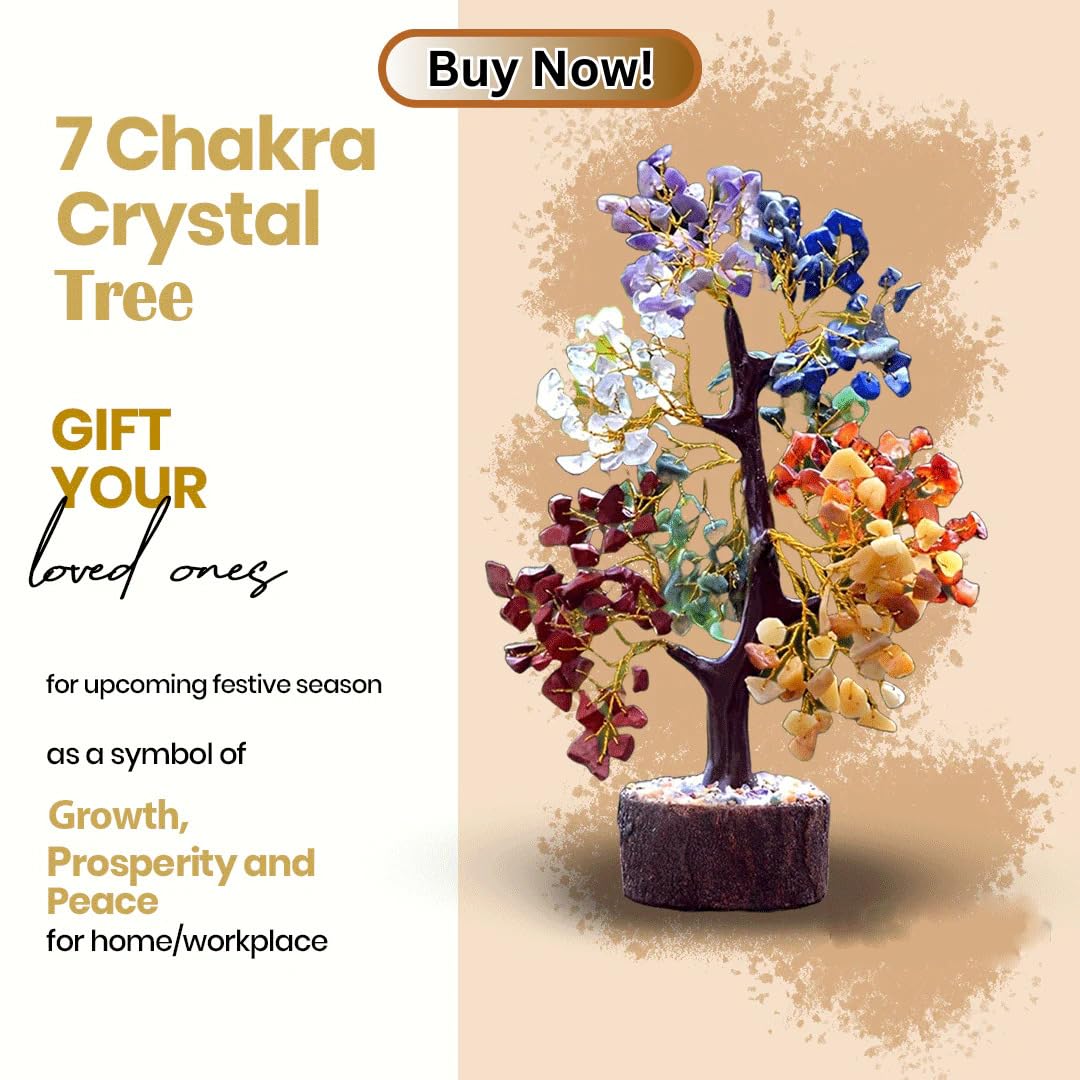 ESPLANADE Seven Chakra Agate Crystal Tree of Life for Good Luck, 200 Beads Positive Energy Home Décor for Living Room, House Warming Gifts, Feng Shui Table Decoration Items, Showpiece