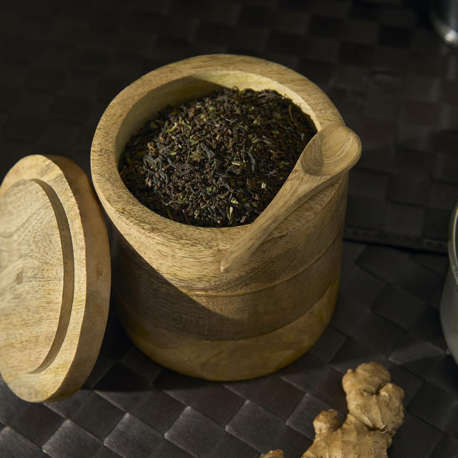 ESPLANADE Wooden Salt Container with Spoon, Salt Jar for Kitchen, Spices, Sugar Box, Coffee and Mouth Freshners, Wooden Boxes for Storage, Kitchen Accessories Items for Home - 5 inch