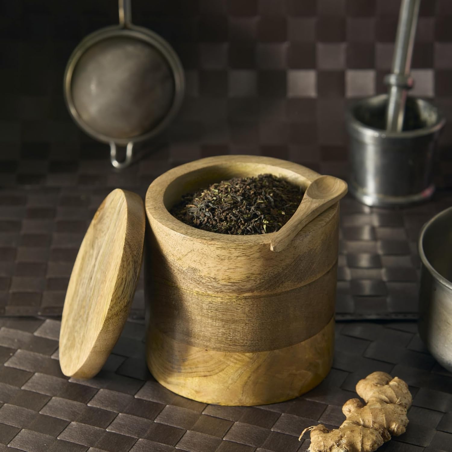 ESPLANADE Wooden Salt Container with Spoon, Salt Jar for Kitchen, Spices, Sugar Box, Coffee and Mouth Freshners, Wooden Boxes for Storage, Kitchen Accessories Items for Home - 5 inch