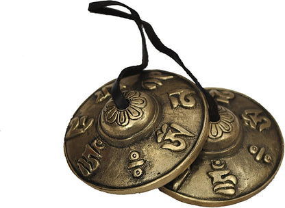 Esplanade Brass Tingsha Bell Cymbals, Manjeera, Tibetan Bells Chime, Tibetan Meditation Tingsha, Embossed Hand Percussion Musical Instrument, Traditional Indian Music Instrument