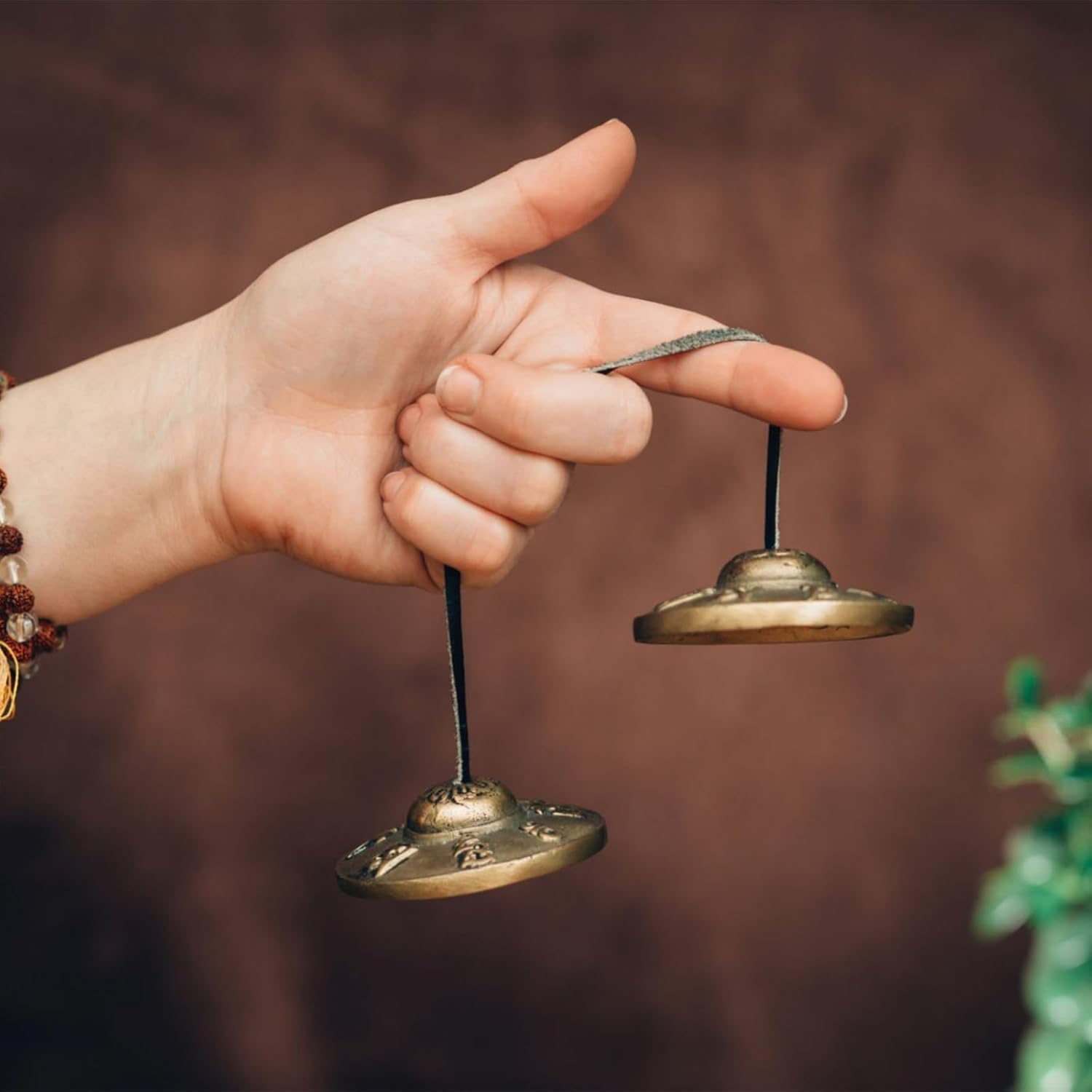 Esplanade Brass Tingsha Bell Cymbals, Manjeera, Tibetan Bells Chime, Tibetan Meditation Tingsha, Embossed Hand Percussion Musical Instrument, Traditional Indian Music Instrument