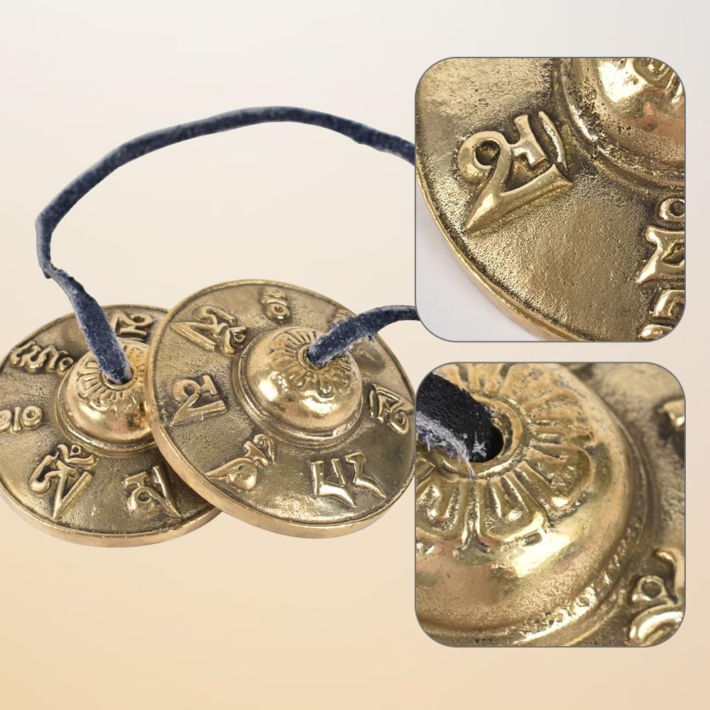 Esplanade Brass Tingsha Bell Cymbals, Manjeera, Tibetan Bells Chime, Tibetan Meditation Tingsha, Embossed Hand Percussion Musical Instrument, Traditional Indian Music Instrument