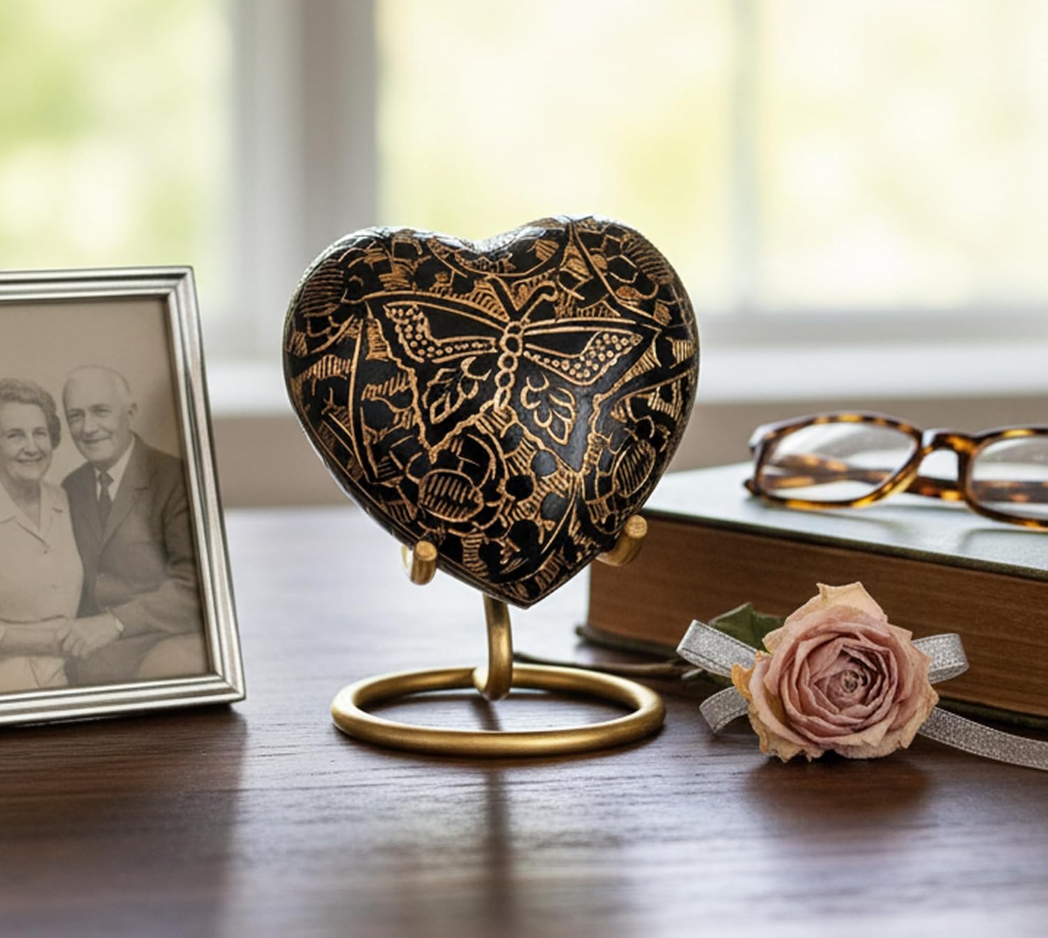 Esplanade Brass Cremation Mini Heart Urn Keepsake Memorial, Small Urn for Ashes Funeral Burial Container Jar Pot (Black, 2.8", Engraved)