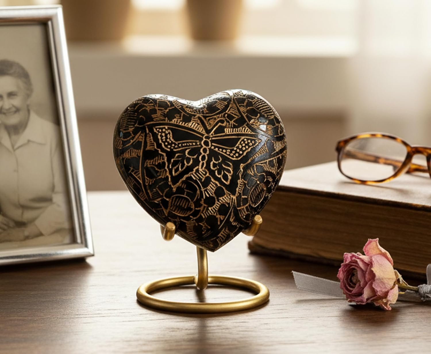 Esplanade Brass Cremation Mini Heart Urn Keepsake Memorial, Small Urn for Ashes Funeral Burial Container Jar Pot (Black, 2.8", Engraved)