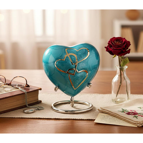 Esplanade Brass Cremation Mini Heart Urn Keepsake Memorial, Small Urn for Ashes Funeral Burial Container Jar Pot, 2.8 Inches (Blue, 2.8