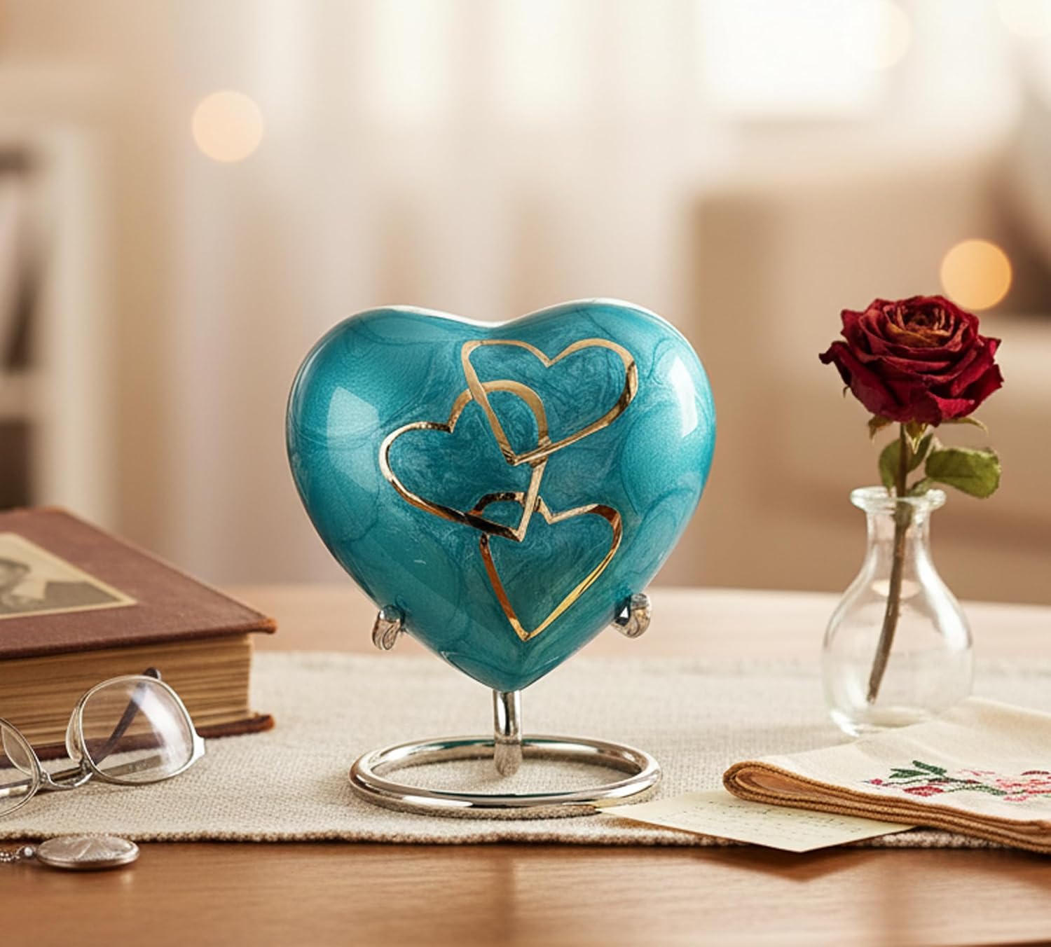 Esplanade Brass Cremation Mini Heart Urn Keepsake Memorial, Small Urn for Ashes Funeral Burial Container Jar Pot, 2.8 Inches (Blue, 2.8", Engraved)