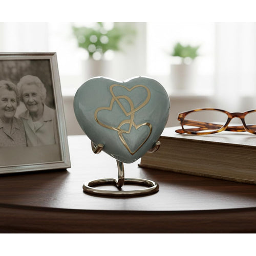 Esplanade Brass Cremation Mini Heart Urn Keepsake Memorial, Small Urn for Ashes Funeral Burial Container Jar Pot, 2.8 Inches (Light Blue, 2.8