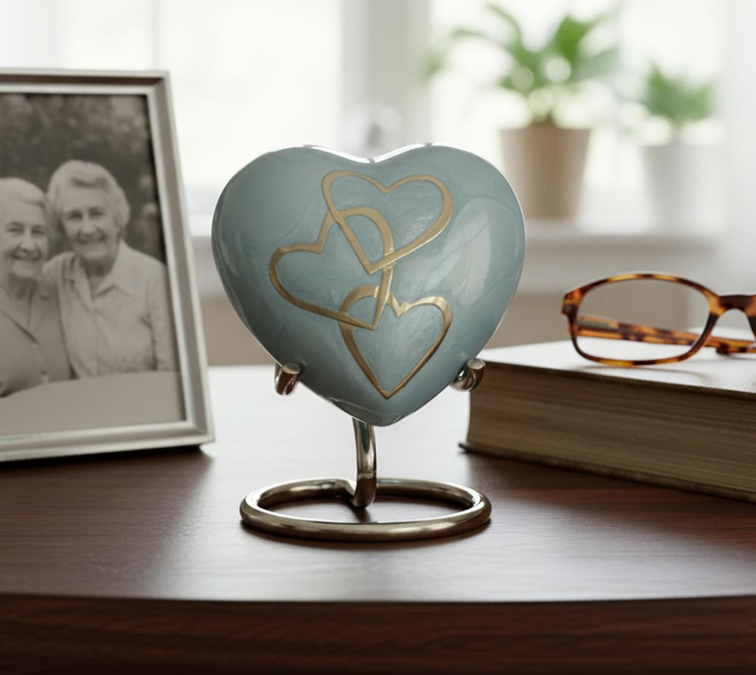 Esplanade Brass Cremation Mini Heart Urn Keepsake Memorial, Small Urn for Ashes Funeral Burial Container Jar Pot, 2.8 Inches (Light Blue, 2.8", Engraved)