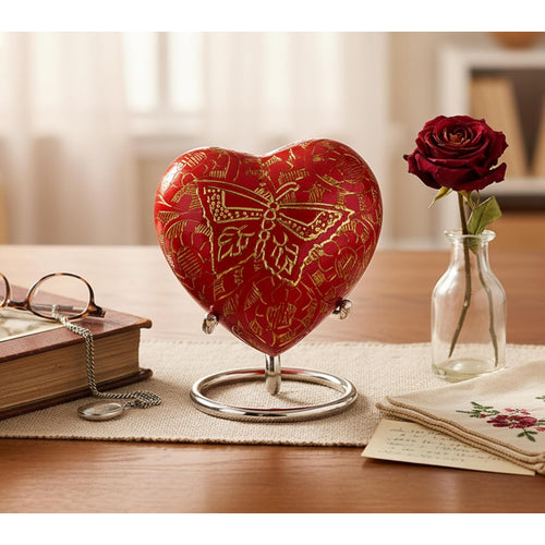 Esplanade Brass Cremation Mini Heart Urn Keepsake Memorial, Small Urn for Ashes Funeral Burial Container Jar Pot, 2.8 Inches (Red, 2.8