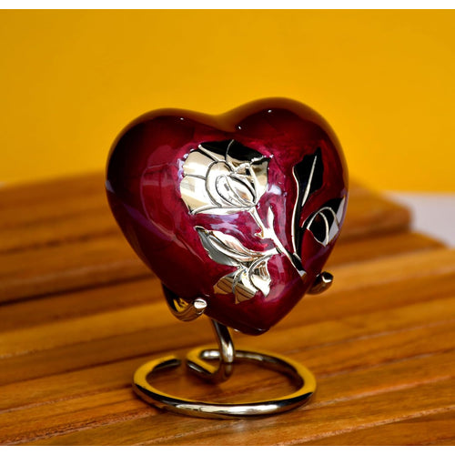 Esplanade Brass Cremation Mini Heart Urn Keepsake Memorial, Small Urn for Ashes Funeral Burial Container Jar Pot, 2.8 Inches (Maroon, 2.8
