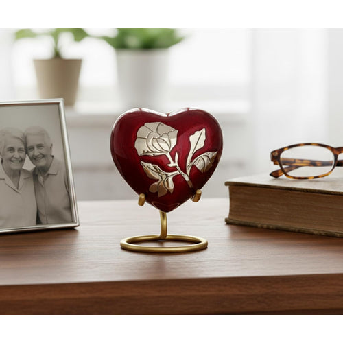 Esplanade Brass Cremation Mini Heart Urn Keepsake Memorial, Small Urn for Ashes Funeral Burial Container Jar Pot, 2.8 Inches (Maroon, 2.8