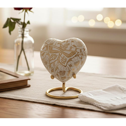 Esplanade Brass Cremation Mini Heart Urn Keepsake Memorial, Small Urn for Ashes Funeral Burial Container Jar Pot, 2.8 Inches (White, 2.8