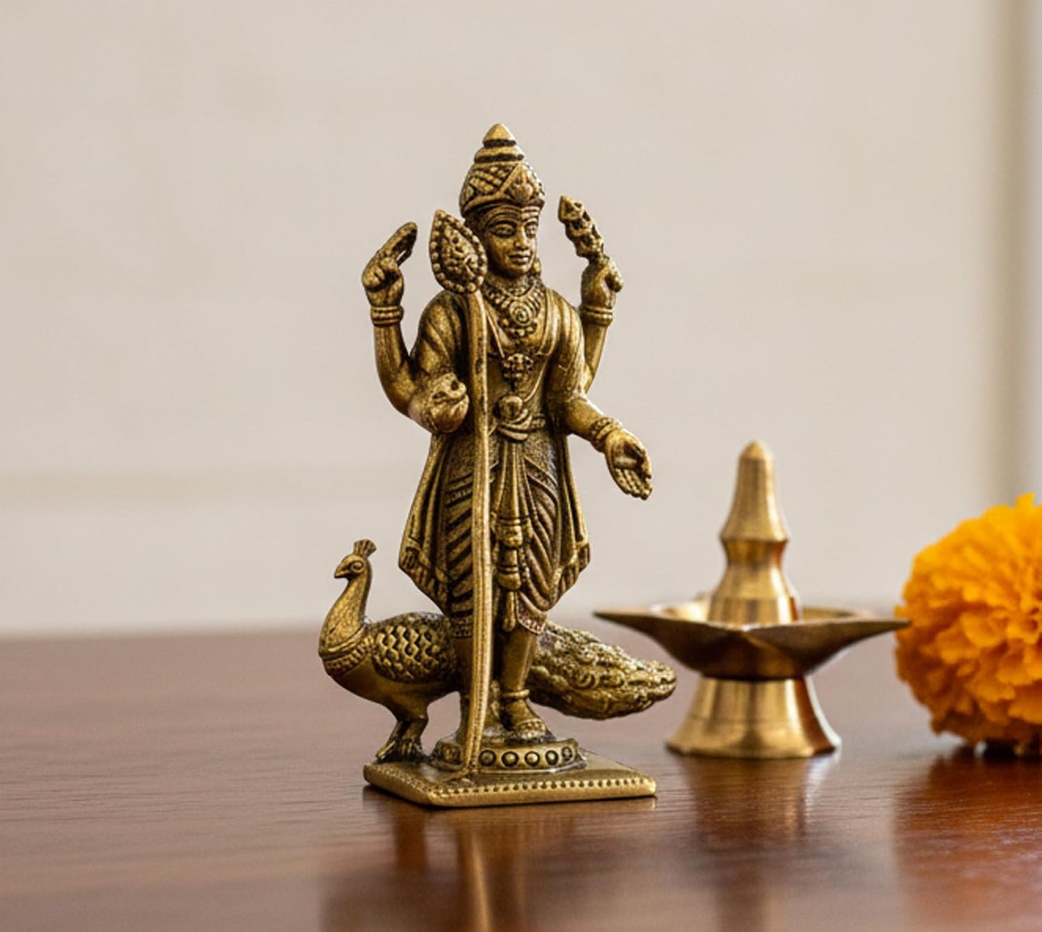 ESPLANADE Brass Murugan Idol for Car Dashboard, 2.8" Mini Lord Murugan Statue, Karthikeyan Idol, Small Kartikey Murugan Sculpture, Gift Item, Brass Decoration Items for Home and Temple