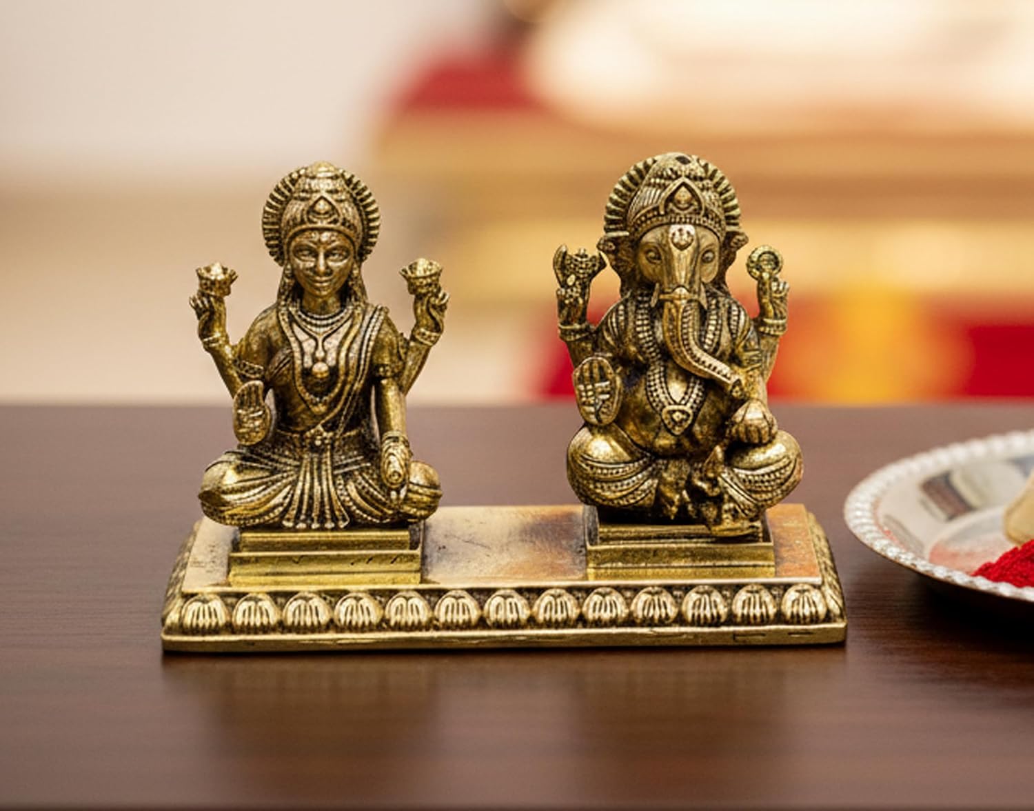 ESPLANADE Brass Laxmi Ganesh Idol for Home Décor Car Dashboard, 3" Joint Plate Ganesha Lakshmi Devi Idols Set, Brass Decoration Items for Home, Laxmi Ganesh Murti for Pooja Room