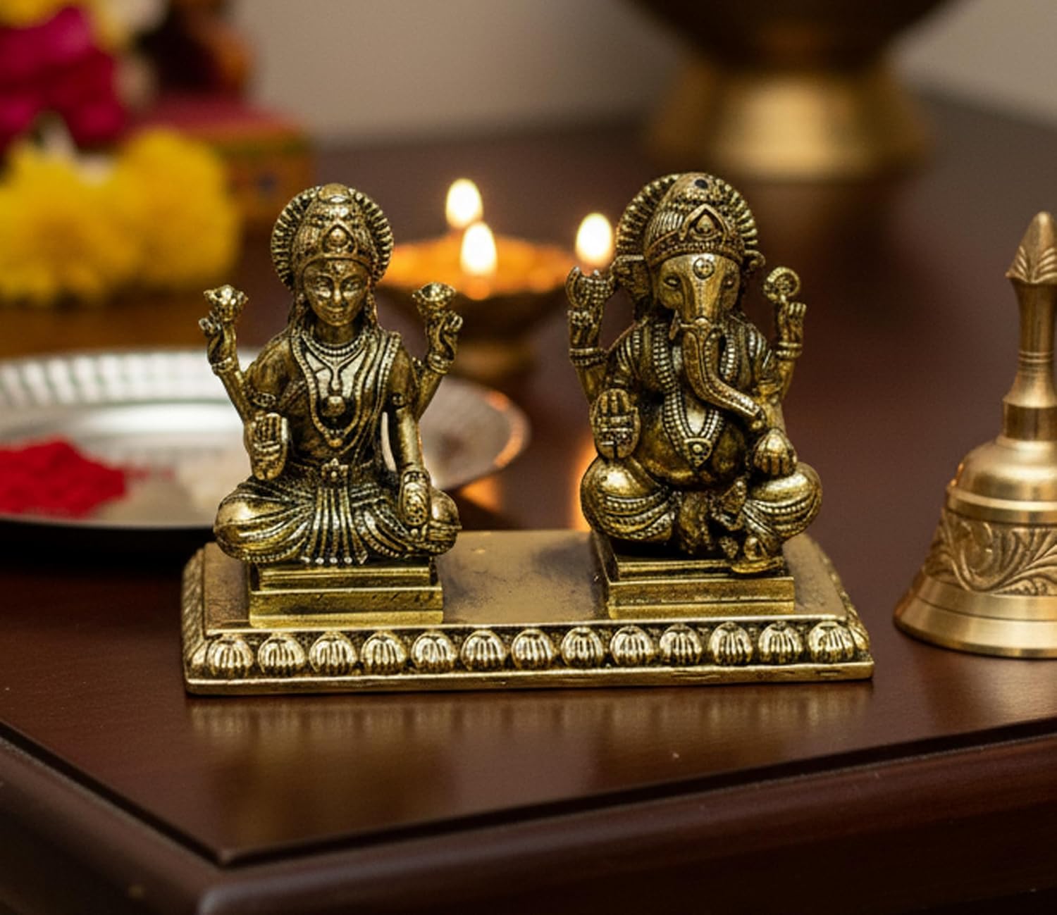 ESPLANADE Brass Laxmi Ganesh Idol for Home Décor Car Dashboard, 3" Joint Plate Ganesha Lakshmi Devi Idols Set, Brass Decoration Items for Home, Laxmi Ganesh Murti for Pooja Room