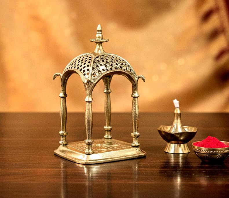 ESPLANADE Brass Mandir Temple for Pooja, 6.7" Small Mandir for Puja Idols, Home Decoration Sculpture, Rustic Décor for Living Room Office Table, Brass Decoration Items for Home and Temple