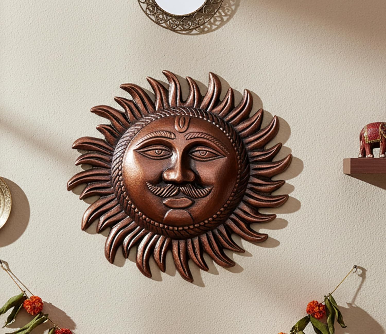 ESPLANADE Copper Wall Hanging Sun Face Idol | Surya Dev Bhagwan Metal Wall Door Decor | Art Sculpture for Home & Office Decor for Positivity, House Warming Gift – 9.3 Inches