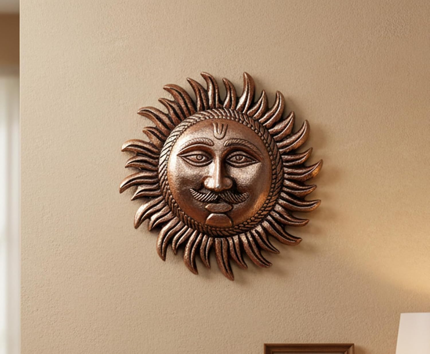 ESPLANADE Copper Wall Hanging Sun Face Idol | Surya Dev Bhagwan Metal Wall Door Decor | Art Sculpture for Home & Office Decor for Positivity, House Warming Gift – 9.3 Inches
