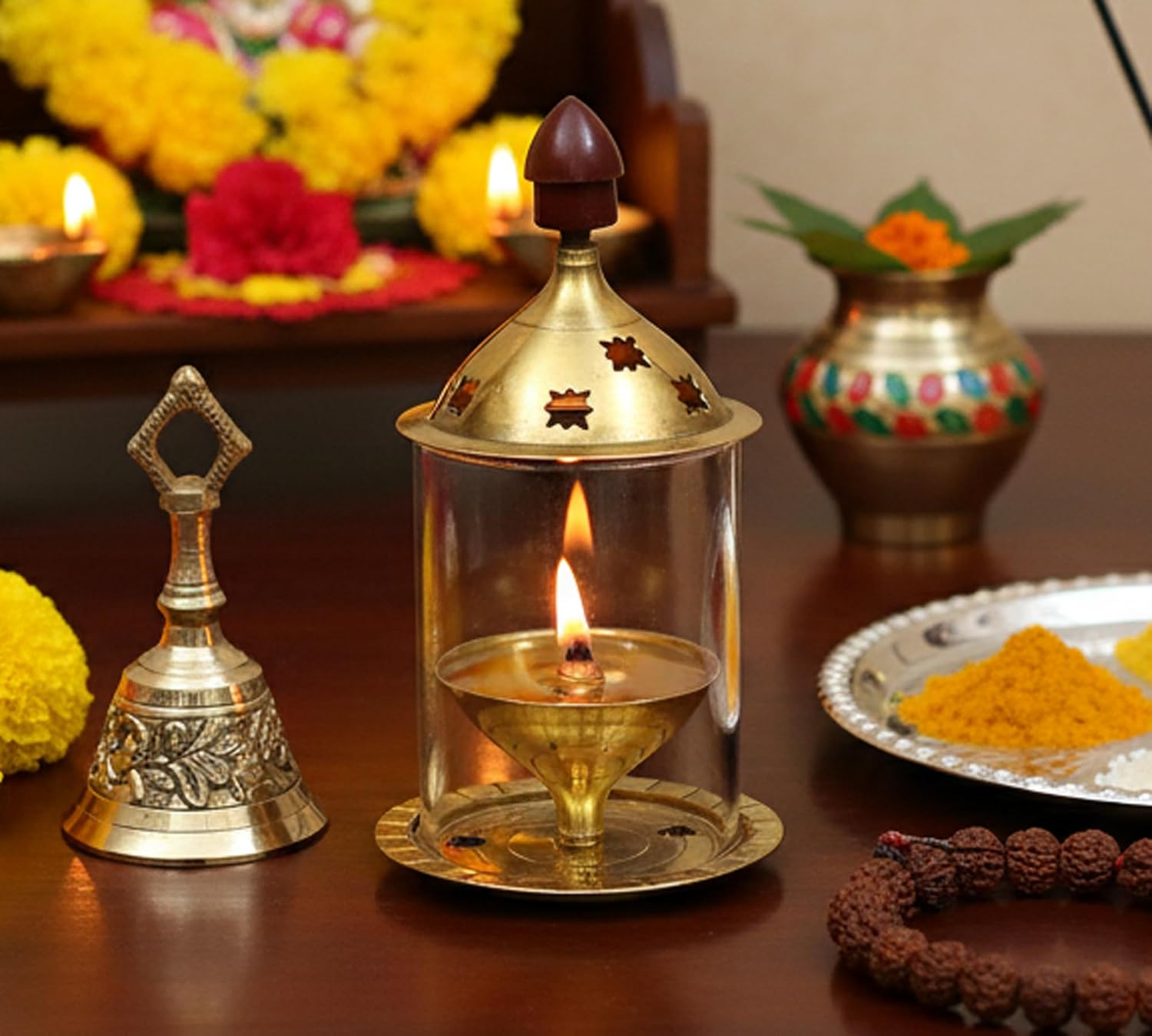 Esplanade Akhand Diya with Glass Cover, Diya with Cover for Puja, Akhand Diya for Puja, Deepak for Pooja, Deepam, Pooja Items, Golden 5"