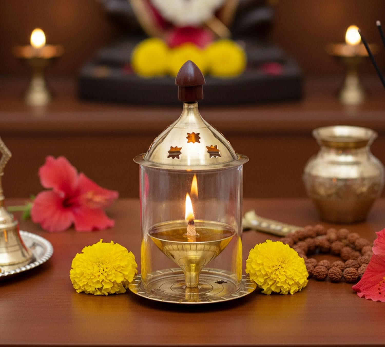 Esplanade Akhand Diya with Glass Cover, Diya with Cover for Puja, Akhand Diya for Puja, Deepak for Pooja, Deepam, Pooja Items, Golden 5"