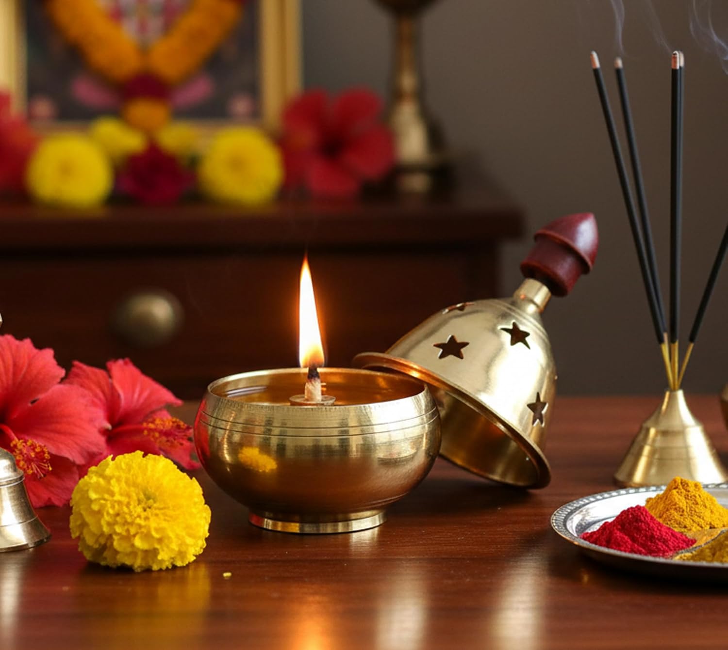 Esplanade Brass Akhand Diya with Cover, Diya with Cover for Puja, Akhand Diya for Puja, Deepak for Pooja, Deepam, Pooja Items, Golden 3.4"