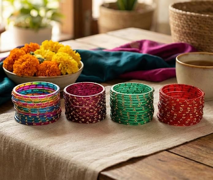 ESPLANADE Designer Glass Bangles Set, Chudi Set for Women, Glitter Multicolour Traditional Bangles Chudiyan, Pack of 48 (12 each colour), Stylish Fashion Jewellery
