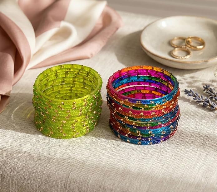 ESPLANADE Designer Glass Bangles Set, Chudi Set for Women, Glitter Multicolour Traditional Bangles Chudiyan, Pack of 24 (12 each colour), Stylish Fashion Jewellery