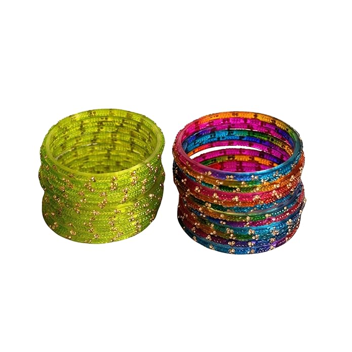 ESPLANADE Designer Glass Bangles Set, Chudi Set for Women, Glitter Multicolour Traditional Bangles Chudiyan, Pack of 24 (12 each colour), Stylish Fashion Jewellery
