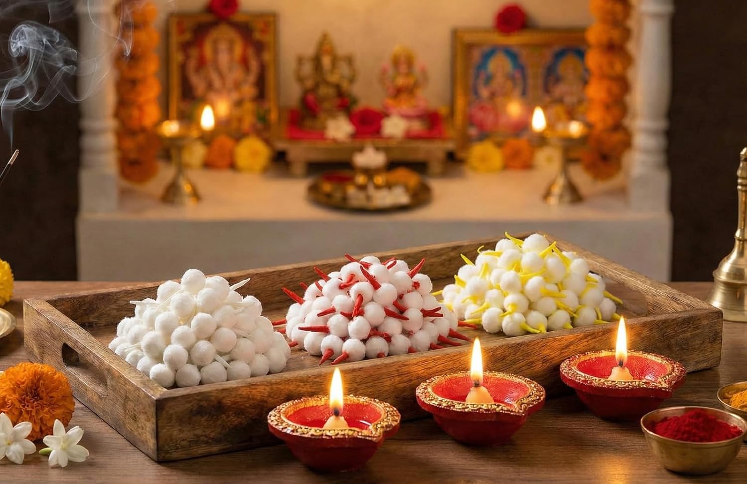 Esplanade Round Cotton Batti for Puja, Pack of Cotton Wicks for Diya, Readymade GOL Batti Pooja Articles, Jyot for Pooja Aarti, Assorted 3 Colours Set