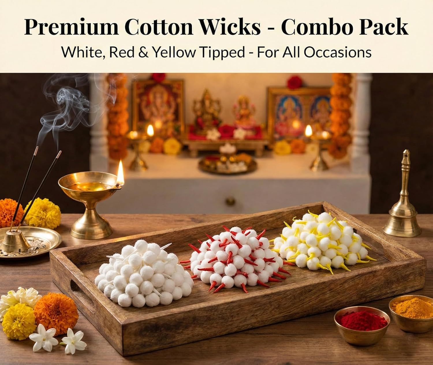 Esplanade Round Cotton Batti for Puja, Pack of Cotton Wicks for Diya, Readymade GOL Batti Pooja Articles, Jyot for Pooja Aarti, Assorted 3 Colours Set