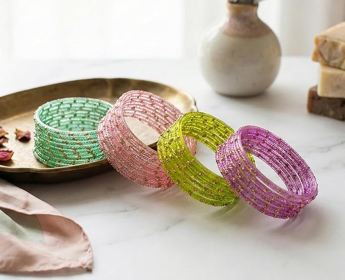 ESPLANADE Designer Glass Bangles Set, Chudi Set for Women, Glitter Multicolour Traditional Bangles Chudiyan, Pack of 48 (12 each colour), Stylish Fashion Jewellery