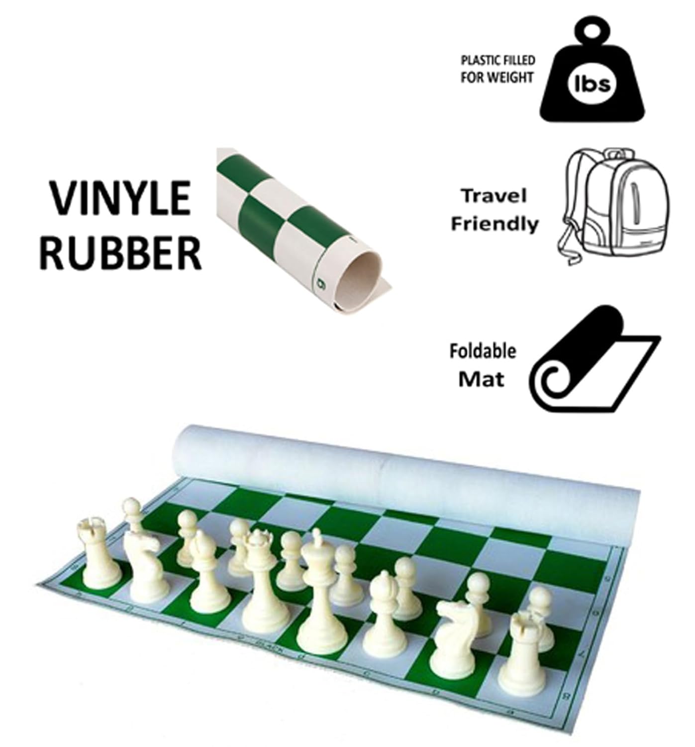 StonKraft 18.2'' x 18.2'' Tournament Chess Vinyl Foldable Chess Game with Solid Plastic Pieces (with Two Extra Queens + Vinly Pouch) - for Professional Chess Players (Green Pack of 5)