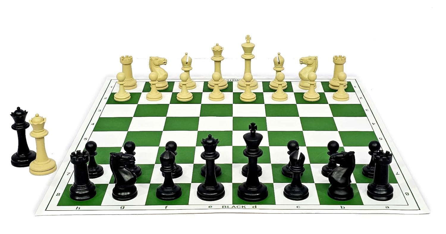 StonKraft 18.2'' x 18.2'' Tournament Chess Vinyl Foldable Chess Game with Solid Plastic Pieces (with Two Extra Queens + Vinly Pouch) - for Professional Chess Players (Green Pack of 5)