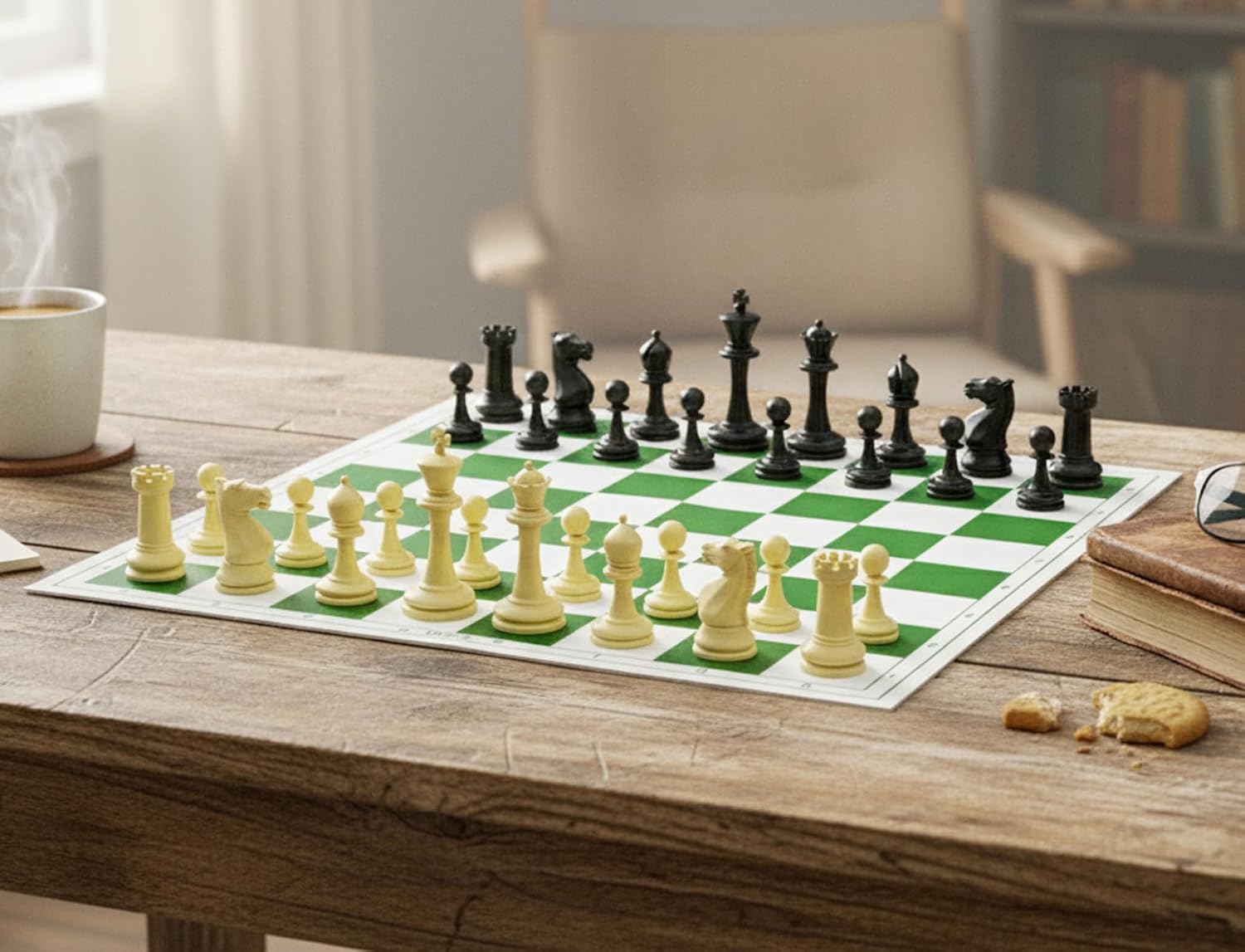 StonKraft 18.2'' x 18.2'' Tournament Chess Vinyl Foldable Chess Game with Solid Plastic Pieces (with Two Extra Queens + Vinly Pouch) - for Professional Chess Players (Green Pack of 5)