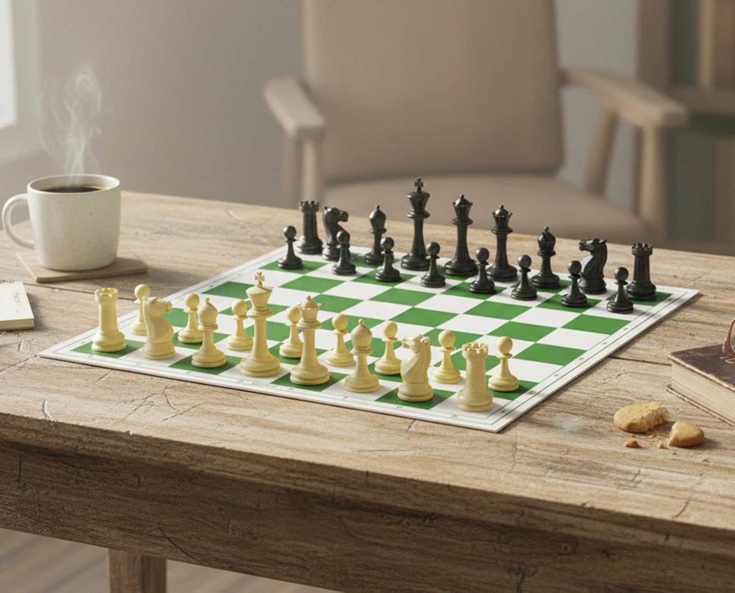 StonKraft 18.2'' x 18.2'' Tournament Chess Vinyl Foldable Chess Game with Solid Plastic Pieces (with Two Extra Queens + Vinly Pouch) - for Professional Chess Players (Green Pack of 5)