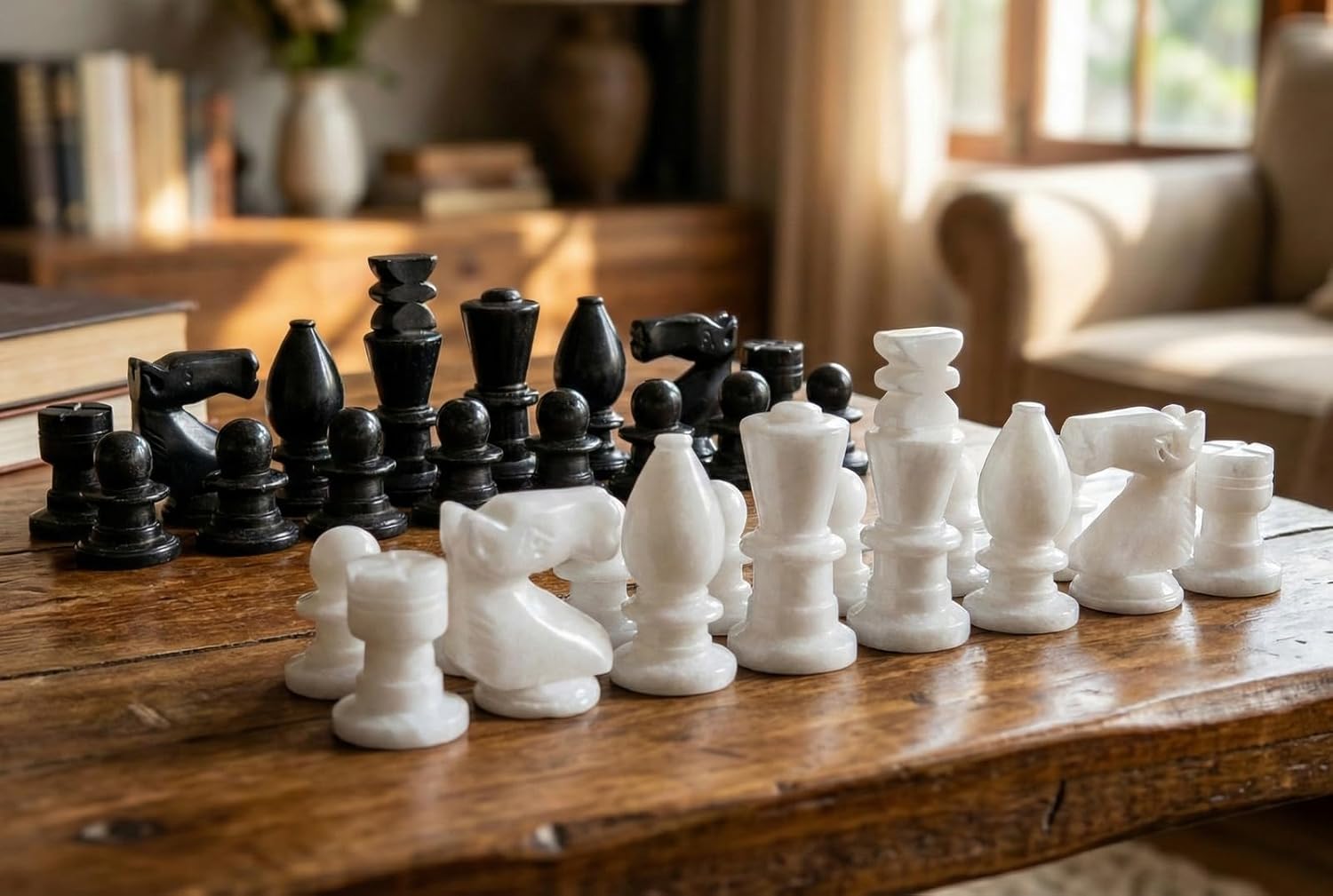 StonKraft 3" Marble Chess Pieces Goti, Handmade Premium Stone Chessmen, Heavy and Carved Pieces for Collectors, Gifts for Chess Lovers Players