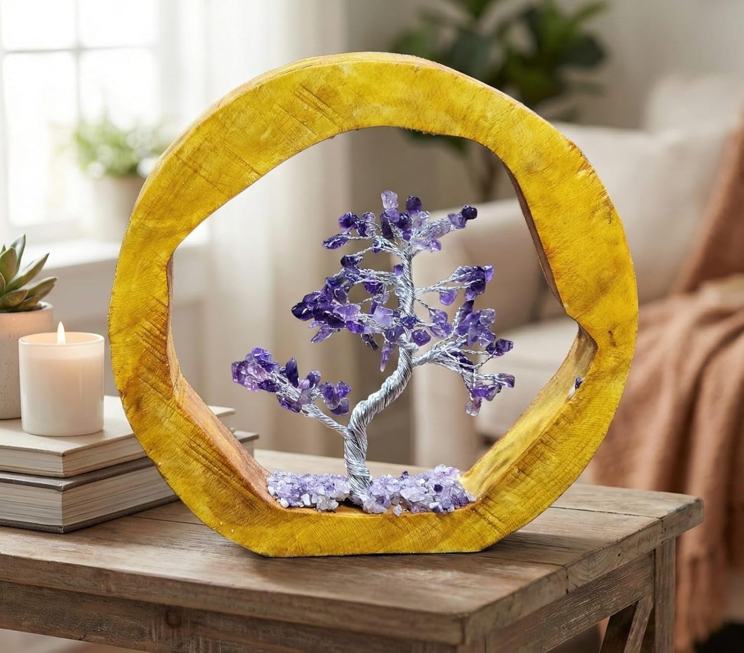 Esplanade Amethyst Crystals Tree with Wooden Enclosure, 100 Beads Healing Stones Seven Chakra Natural Healing Gemstone Bonsai Fortune Money Tree, Home Office Decor Spiritual Gift, 6.7in