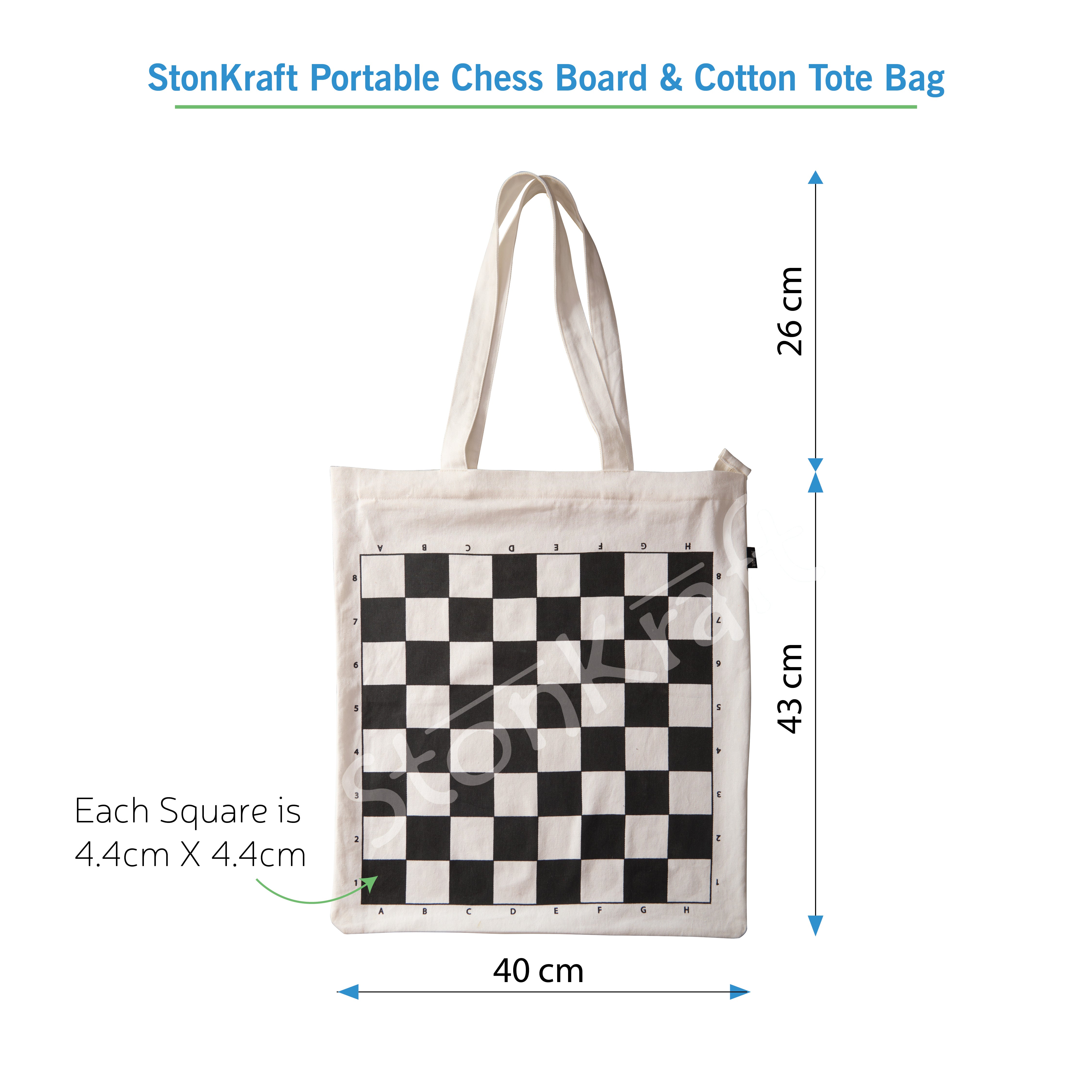 Stonkraft Roll-up Chess Board with Chess Pieces – Dual Purpose Portable Chess Mat & Cotton Tote Bag with Chess Board Print to Play Chess Anywhere | (White) (Without Chess Pieces)