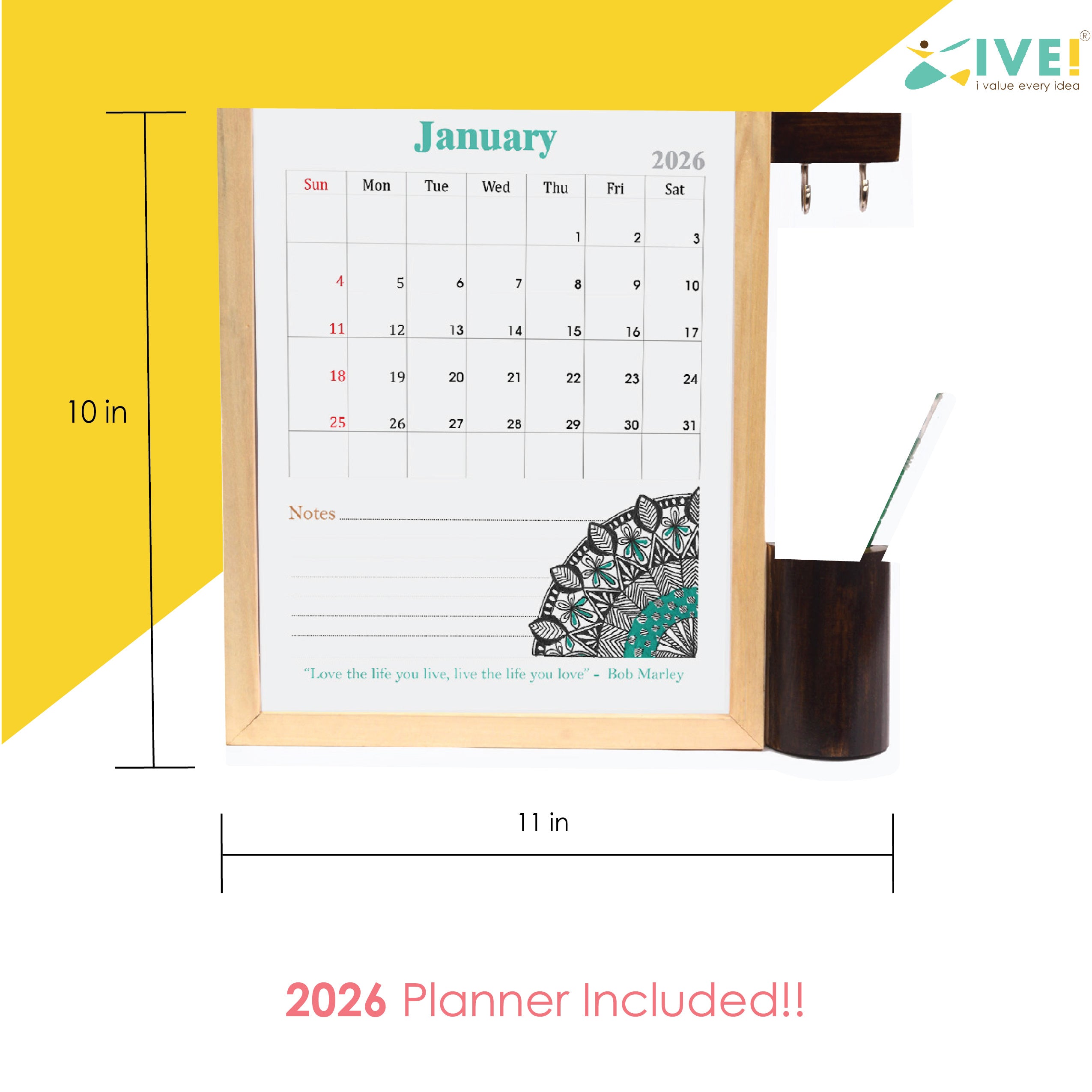 IVEI Calendar with Key hooks and Stationery Holder – All In One Calendar with Motivational Quotes - Wall Calendar with Wooden Key Holder & Stationery Box - Unique Gift for Home, Office - Brown