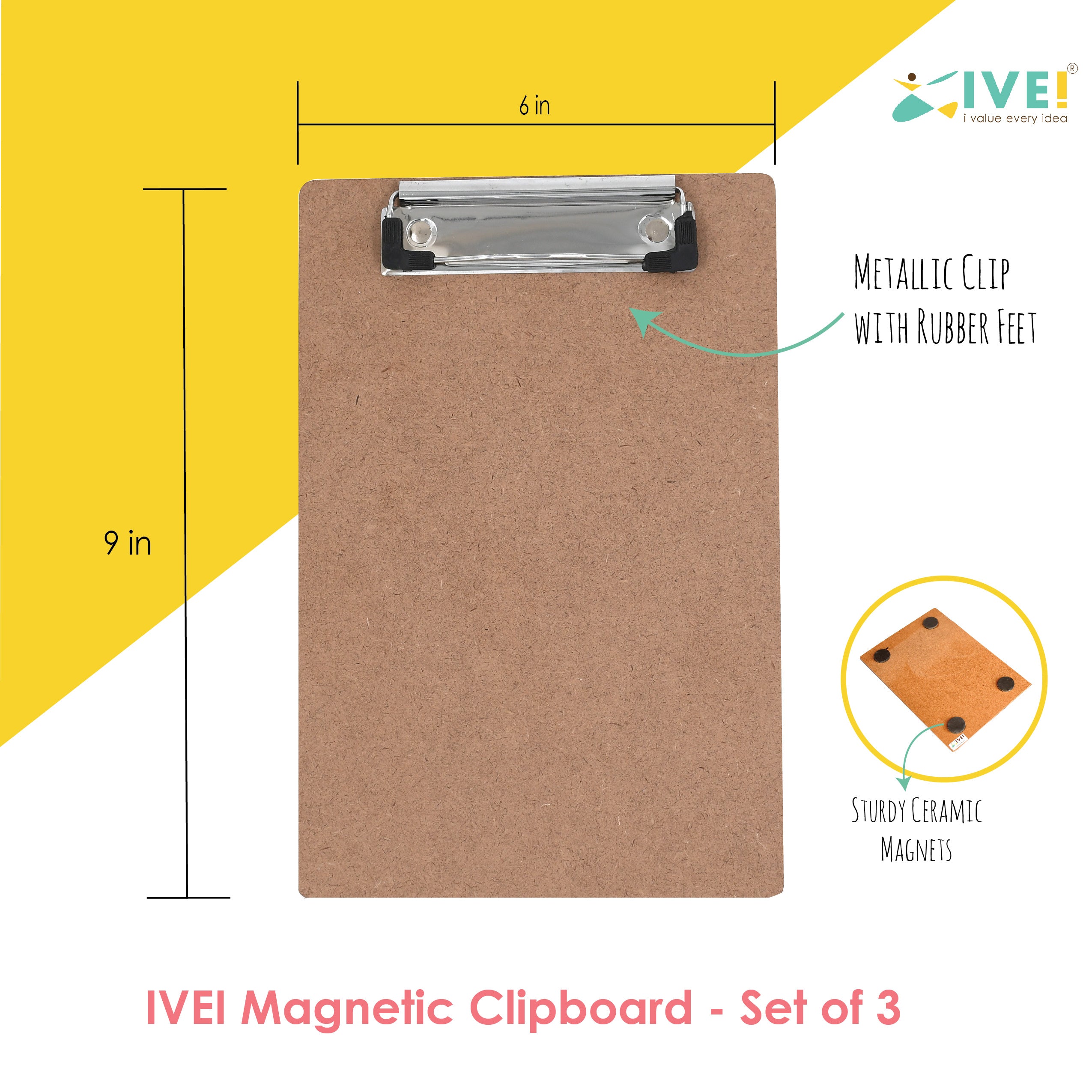IVEI Magnetic Clipboard A5 Size - Pack of 3