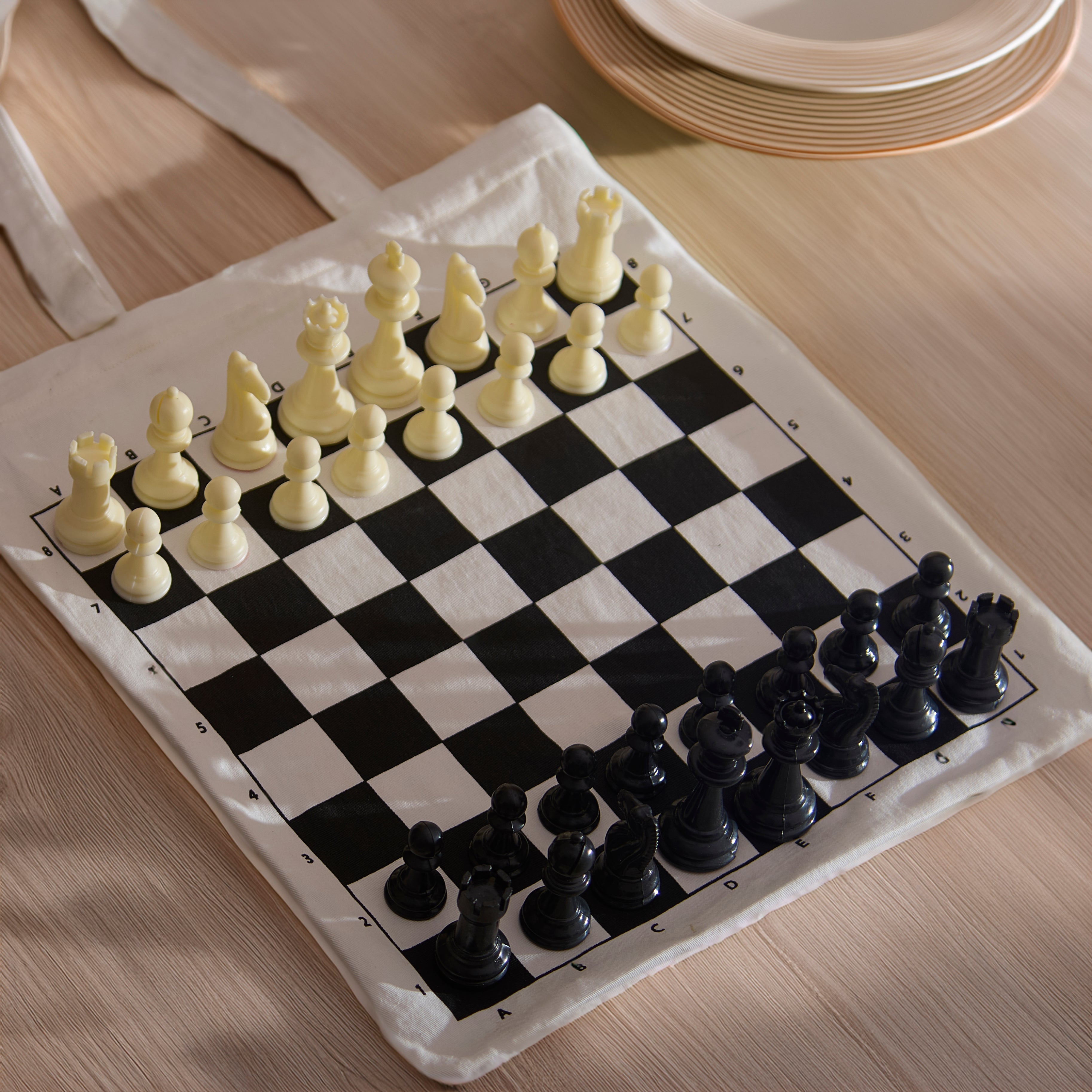 Stonkraft Roll-up Chess Board with Chess Pieces – Dual Purpose Portable Chess Mat & Cotton Tote Bag with Chess Board Print to Play Chess Anywhere | (White) (Without Chess Pieces)