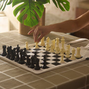 Stonkraft Roll-up Chess Board with Chess Pieces – Dual Purpose Portable Chess Mat & Cotton Tote Bag with Chess Board Print to Play Chess Anywhere | (White) (with Chess Pieces)