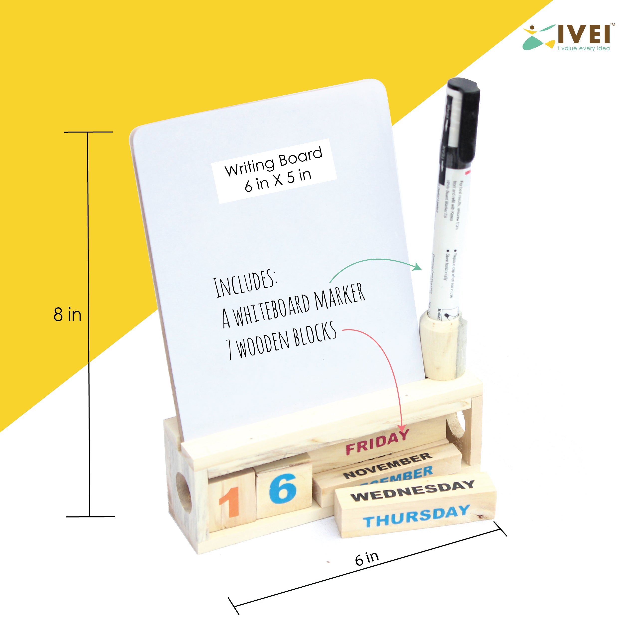 IVEI Wooden Endless Desk Calendar with Whiteboard | Perpetual Calendar Set for Desk Decor, Study Room