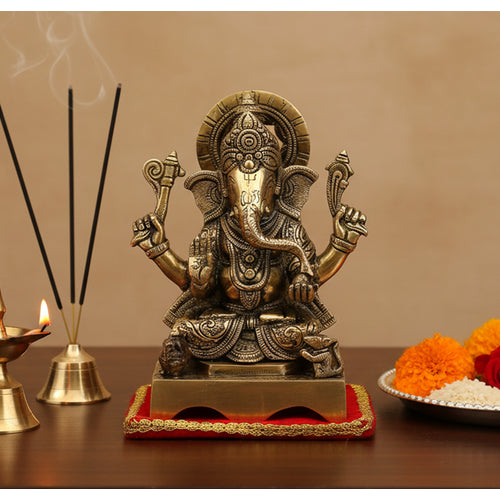 ESPLANADE Brass Chowki Ganesh Ganesha Ganpati Vinayak Showpiece Murti Idol Statue Sculpture - Golden -7.75