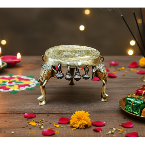 eSplanade Brass Round Mandir Chowki | Elephant Pillars Pooja God Stool with Ghungroo