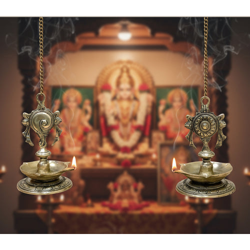 StonKraft - Pair of Brass Hanging Diya, Oil Lamp, Lamp for Home and Office (Hanging Length 25.75